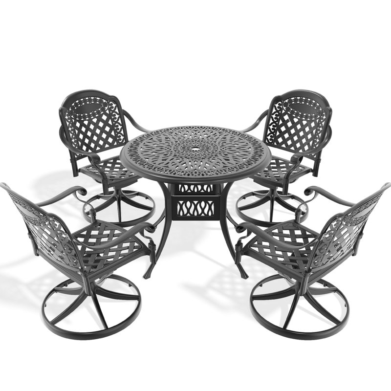 4 Outdoor Dining , Cast Aluminum, 35.43" Round Table & Swivel Chairs, Black, Corrosion Seat 5 Aluminum And Chair Table, 4 To Elements, Comfortable Padding