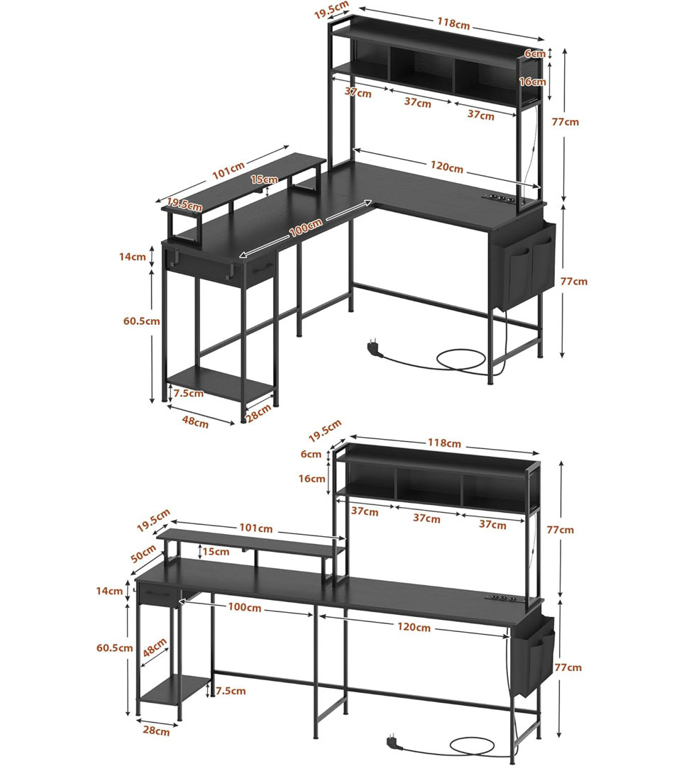 Gaming Schreibtisch Mit Led, Schreibtisch L Form, Reversibel Computertisch Mit Bücherregal Und Monitorständer, Gaming Ti...