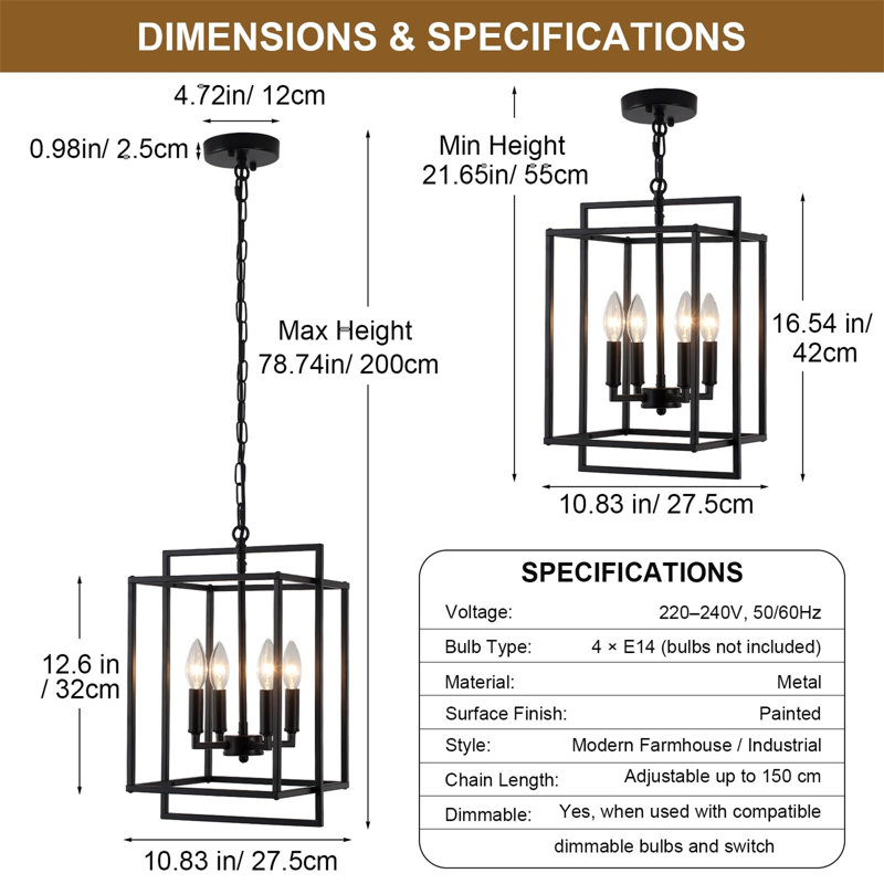 4 - Light Chandelier, Matte Black