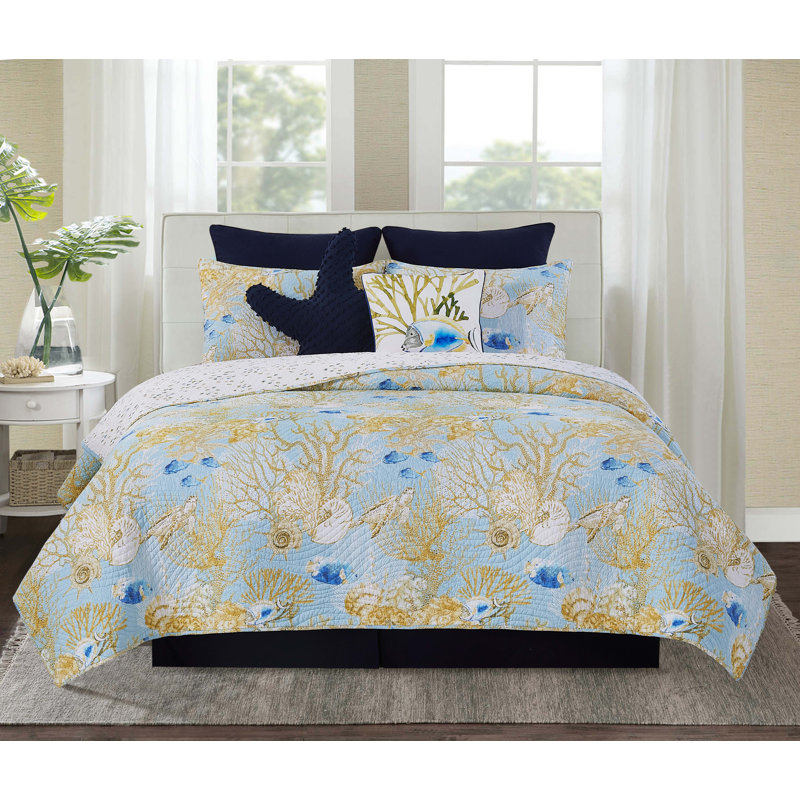Belmont Reef Cotton Coastal Quilt Set, Queen Quilt + 2 Standard Shams