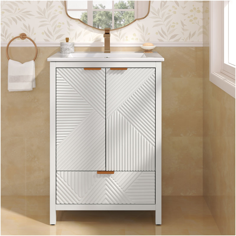 Ensemble de meuble-lavabo 24 po avec lavabo, meuble-lavabo moderne avec trou de robinet simple, panneaux de porte texturés et tiroir, pieds en pin, grand espace de rangement et charnières à fermeture douce, blanc