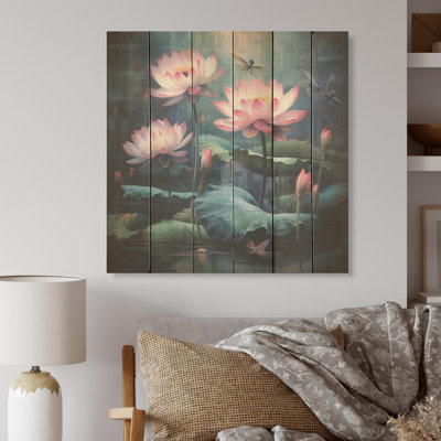 Lotus Eternal Beauty Amongst Lily Pads I - Lotus Wood Wall Art On Natural Pine Wood
