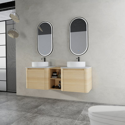 Meuble-lavabo mural de 60 po avec lavabo d'art en céramique, porte à fermeture en douceur et tablettes de rangement, design élégant et peu encombrant
