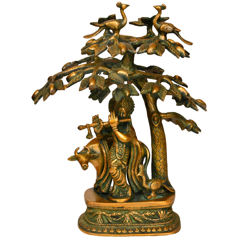 Statue de Krishna en laiton fabriquée à la main de 12 po jouant de la flûte sous un manguier - sculpture de musicien divin pour décoration intérieure, autel spirituel et jardin - art sacré traditionnel