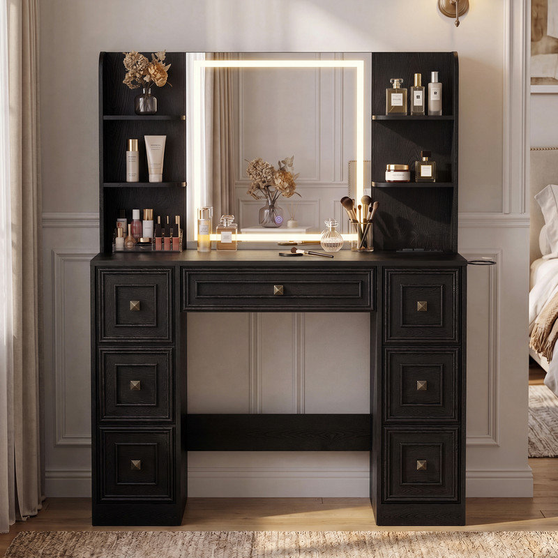43.3" Makeup Vanity Desk with LED Lighted Mirror, Charging Station and 7 Drawers, Black