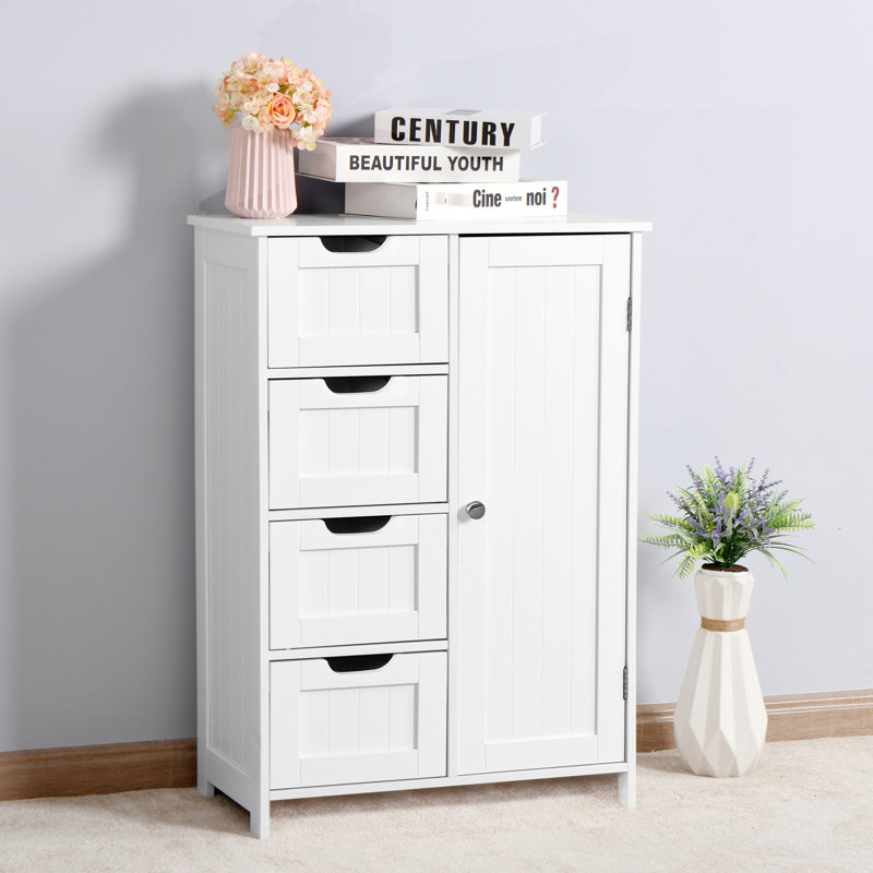 White Bathroom Cabinet With Adjustable Shelf And Drawers - Modern Style For Living Room, Study, Office Storage In Routed Handle Drawers, Made Of