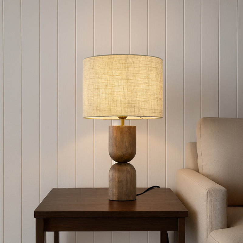 24'' Japandi Honey Brown Wood Base Bedside Table Lamp Modern Classic Nightstand Lamp with Beige Linen Fabric Shade for Bedroom, Living Room