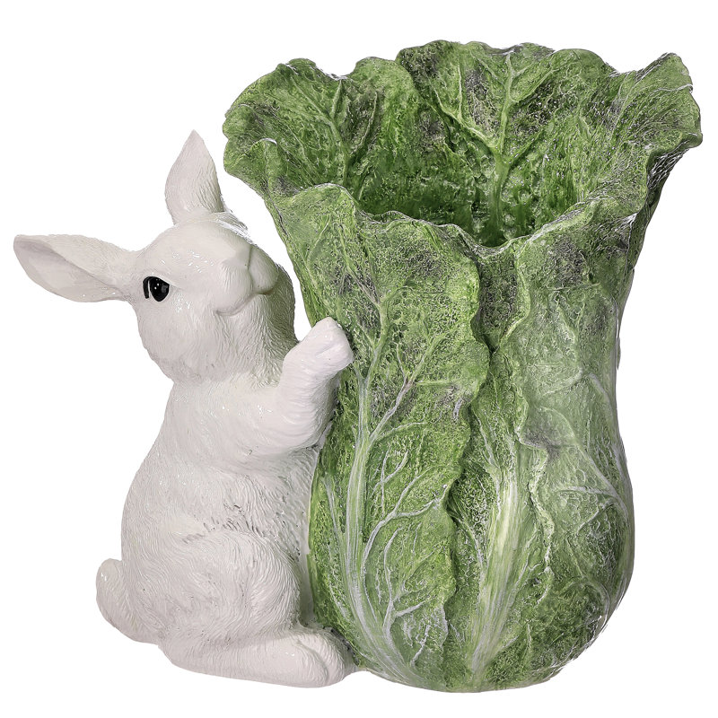 7.5" Resin Bunny With Cabbage Pot