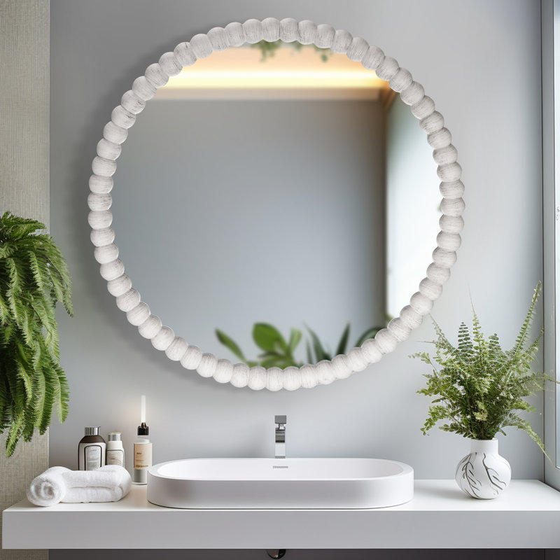 Ayde Round Solid Wood Bead Accent Mirror Home Decoration, White, 28" x 28"