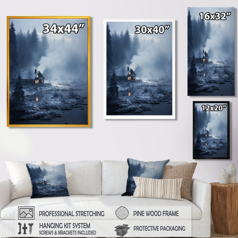 Misty Winter Cottage Northern Land - impression d'art mural paysage, Toile tendue, H 44 po x l 34 po x P 1,5 po