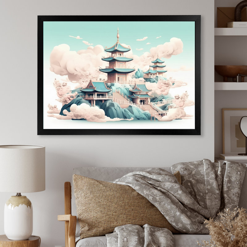 Illustration d'une montagne asiatique et d'un lac II, reproduction sur toile, H 24 po x l 32 po x P 1 po, Cadre photo noir