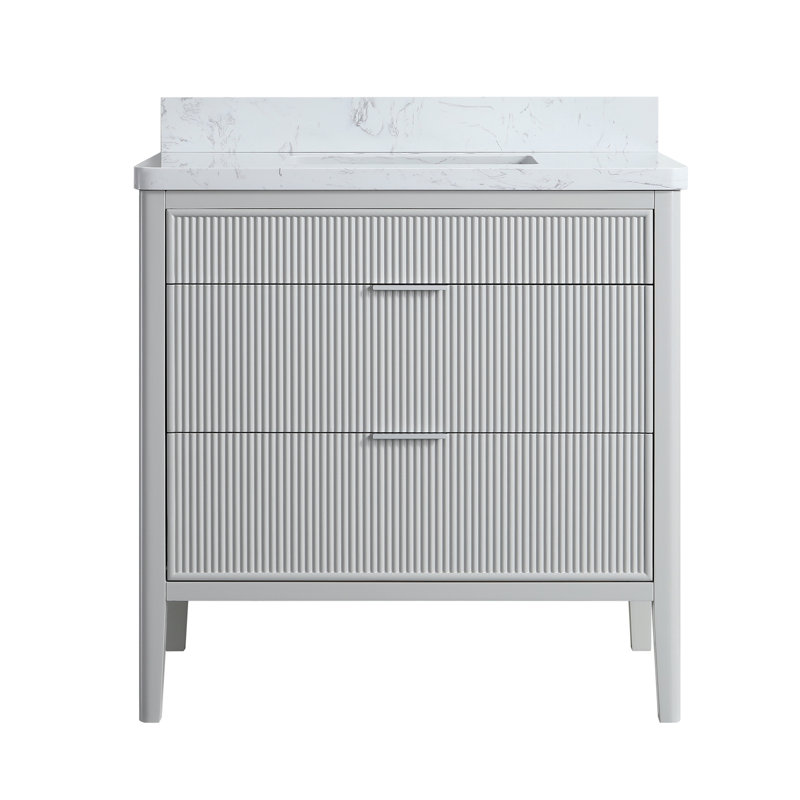 Ensemble de meuble-lavabo sur pied autoportant de 36 po avec 2 ensembles de poignées et plateau en marbre d'ingénierie entièrement assemblé
