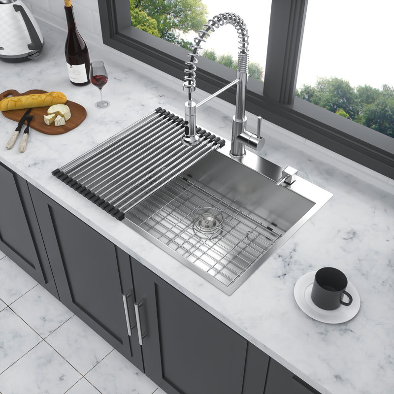 Lavabo encastré en acier inoxydable 28 po - calibre 18, fiable et élégant, nickel brossé, cuve de cuisine à simple cuve à gratter 28 po