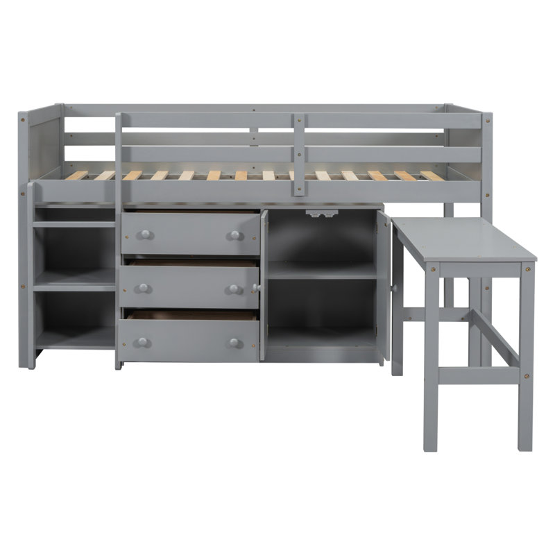Lit mezzanine simple simple avec bureau coulissant, tiroirs, armoire et tablettes de couleur, Gris