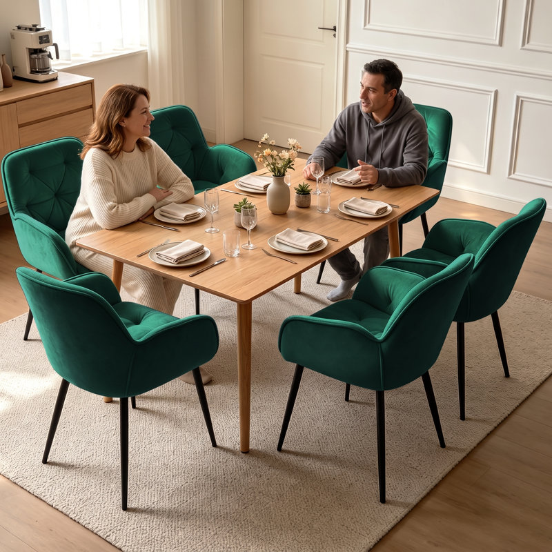 Velvet Upholstered Armrests Tufted Dining Chair with Wide Back 50cmH, Green