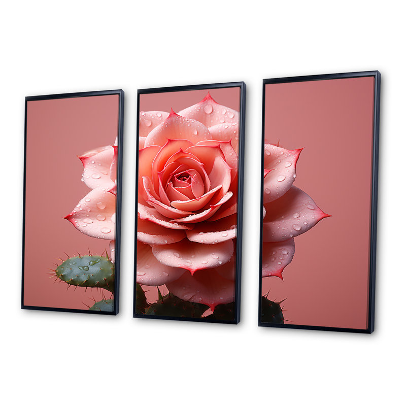 Cactus Rose Resilience I - Ensemble de décoration murale cactus floral, Cadre flottant noir, H 32 po x l 48 po x P 1 po