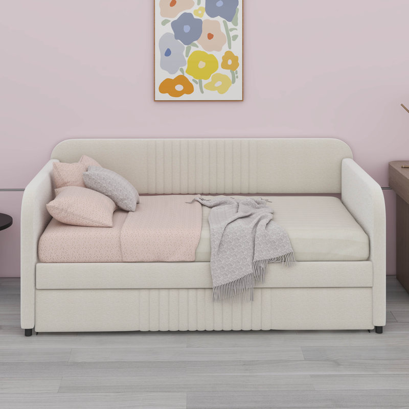 Twin Size Upholstered Daybed With Trundle, Wooden Daybed Frame, Tufted Sofa Bed With Wood Slat Support For Bedroom, Living Room