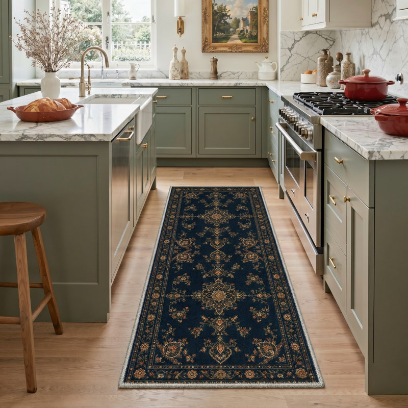 Tapis de couloir oriental bleu marine / doré lavable à la machine avec envers antidérapant, Tapis de couloir 2 pi x 6 pi
