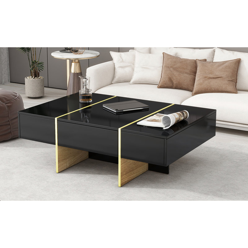 Table basse 47,2 "X 31,4" avec 2 tiroirs, placage noir ultrabrillant, pieds dorés, salon contemporain minimaliste 47,2 "31,4" et décoration de meubles