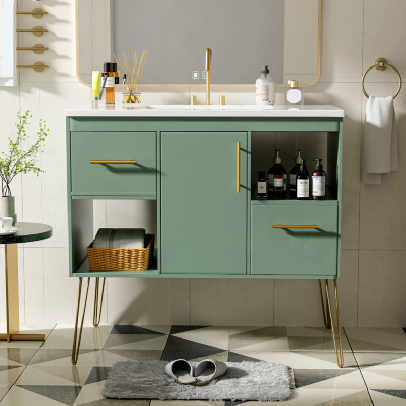 36'' Green MDF Freestanding Bathroom Vanity with Resin Sink