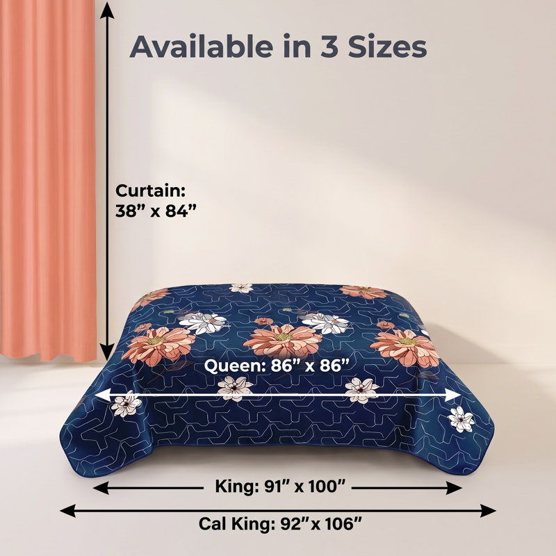 Ensemble de literie 9 pièces à motif floral bleu marine et corail avec rideaux filtrant la lumière, couvre-lit matelassé en microfibre, 2 taies décoratives et 6 panneaux de fenêtre