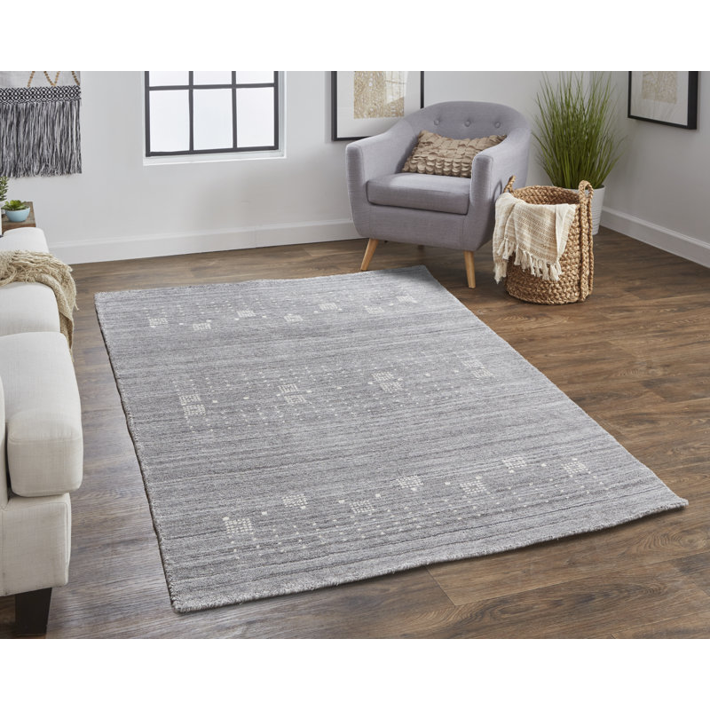 Tapis rectangulaire gris / ivoire en laine tissé à la main Kemmy, Rectangle 5 pi 6 po x 8 pi 6 po