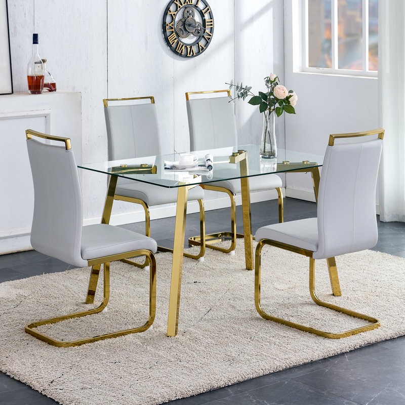 Modern Minimalist Rectangular Dining Table Tempered Glass Top Golden Metal Legs, 29.5"H x 51"L x 31.5"W, Gold