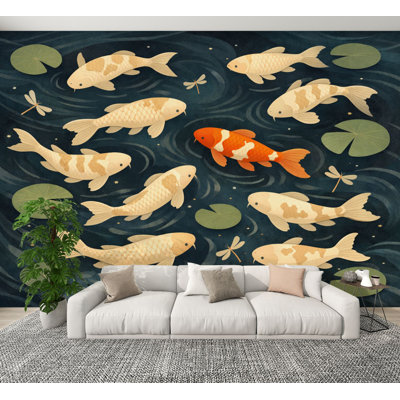 Peel and Stick Wallpaper Koi Fish Swimming Among Lily Pads Dark Water Gold Accents Wall Murals 100"H x 144"W Removable PVC Wall Paper Self-Adhesive Wall Decor for Bedroom Living Room Home Office