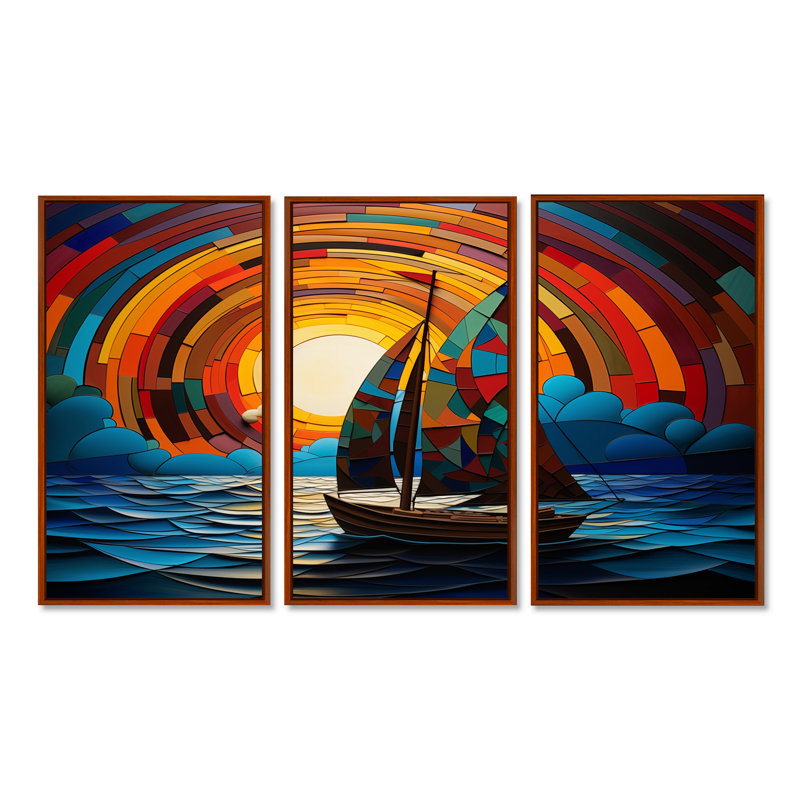 «Colorful Sunrise», bateau à voile sur l'océan I - ensemble de décoration murale bateau à voile, H 40 po x l 20 po x P 1 po