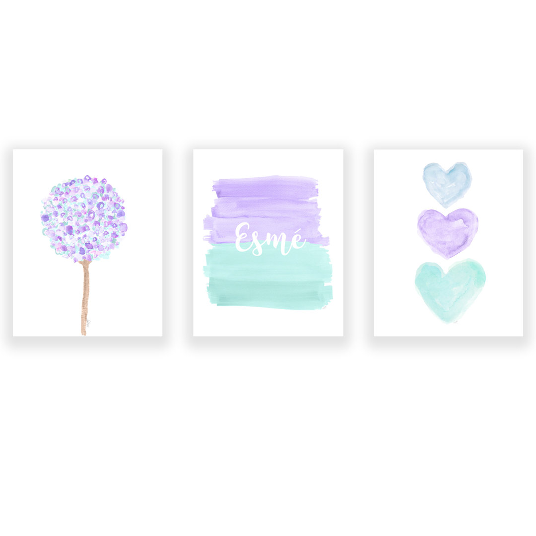 Lavender and Seafoam Ombre, Hearts and Flower, 3-Piece Paper Prints Outside In Art Studio 