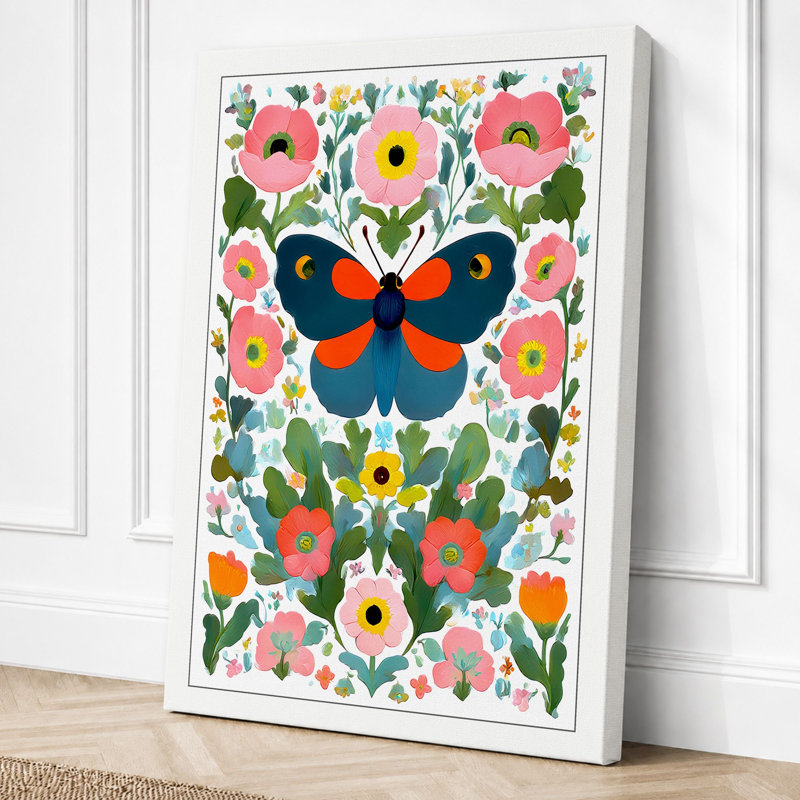 Ornamental Butterfly And Blooms Boho - Print, 30x20 - 76.2 x 50.8 cm, White Border