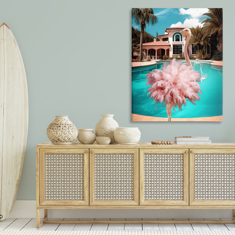 Art mural en toile d'autruche rose à plumes par Ziwei Li, H 30 po x l 24 po x P 1,5 po