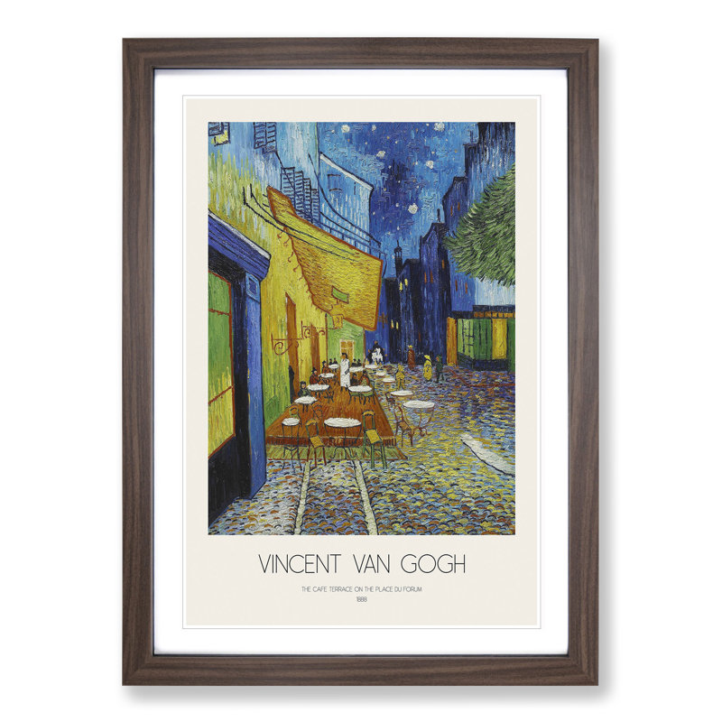 Cafe Terrace with Border by Vincent Van Gogh - Picture Frame Painting, 48cm H x 36cm W x 2cm D, Walnut Framed