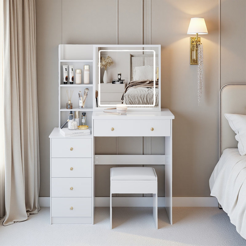 37" Middle Size Left Bedside Cabinet Vanity Table + Cushioned Stool, Large Sliding, Touch Control, Tri-Color Switching, Brightness Adjust Led Mirror, High Capacity Storage, Suitable For Middle Space