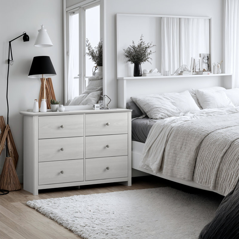 Commode double Tevrat à 6 tiroirs, Chêne blanc perle