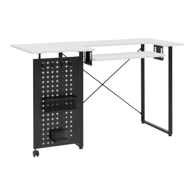 Table de couture pliable 47,75 "x 23,5" avec plateforme pour machine à coudre et roues, Blanc, Blanc