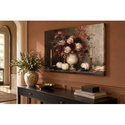 «Rustic Urn Autumn Arrangement», art mural sur toile à motif floral et citrouille