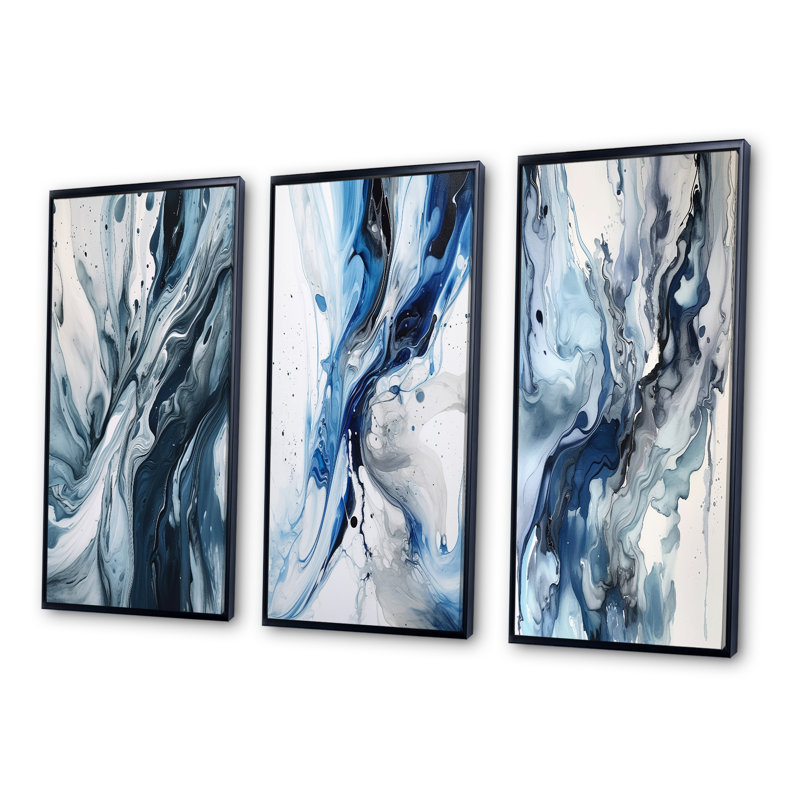 Ensemble de 3 toiles bleues et grises bleu et gris - Elixir bleu et gris, Cadre flottant noir, H 40 po x l 60 po