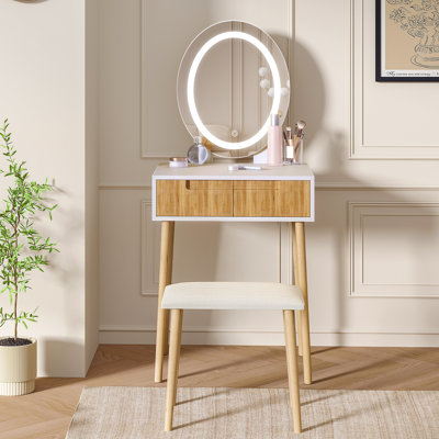 Small Vanity Desk With Mirror And Lights, Wooden Handles With Cushioned Stool by George Oliver