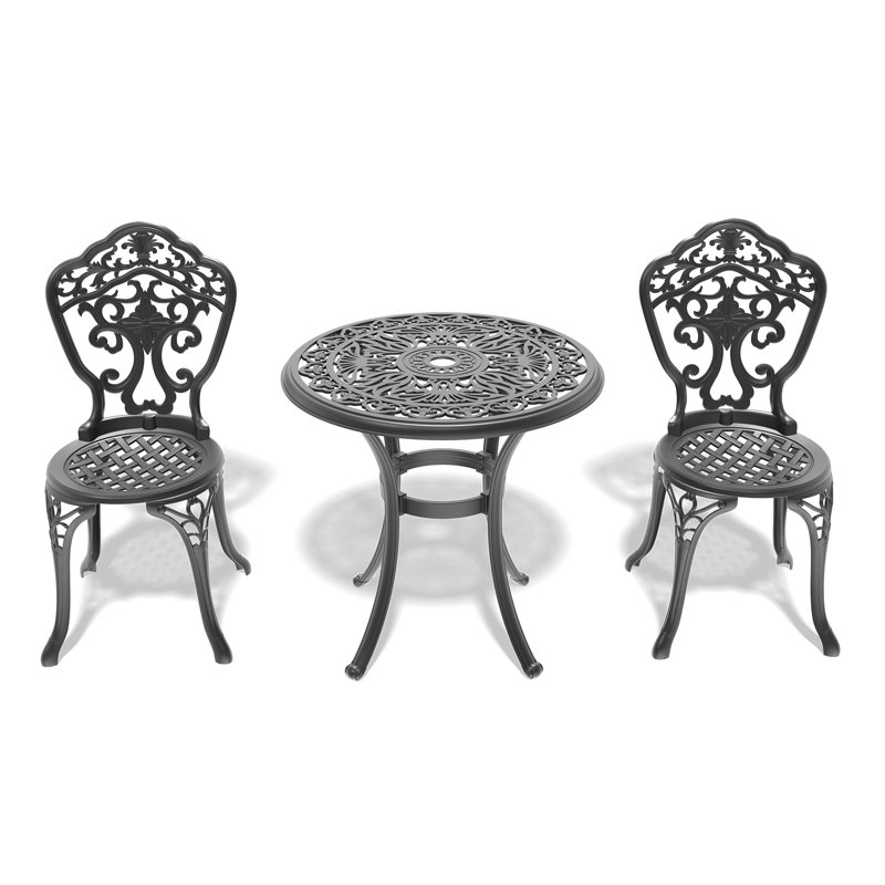 Black 3 All-Weather Cast Aluminum Dining Mixture . Elaborate Carving Work, Magnificent Display. 100% Build, And Stable. To Challenging Circumstances. Ergonomic Seating Enjoyment. Pa66 Nylon Slip Pad.