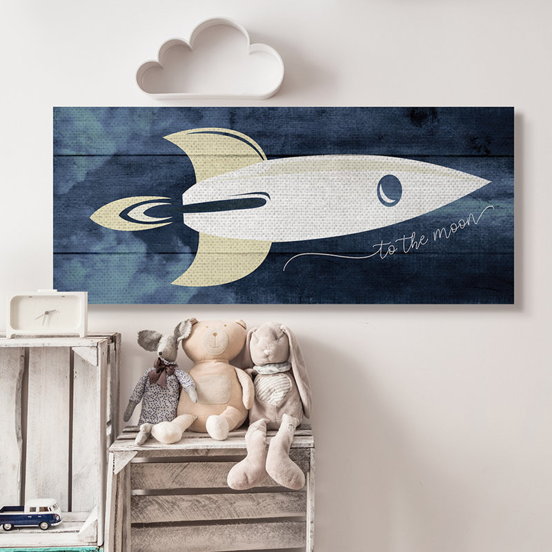 Heider To The Moon Phrase Rustic Space Ship Blue, Wrapped Canvas, 20" H x 48" W x 1.5" D