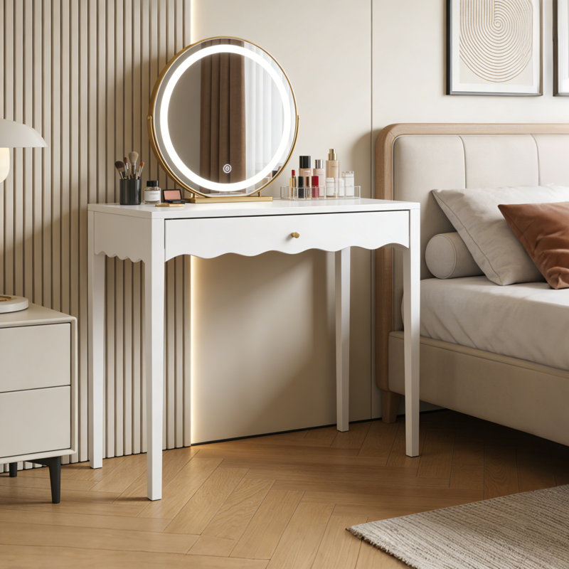 35.43" Modern Writing Table With Unique Scalloped Design, Vanity Desk With Drawer, Gold Knob & 4 Sturdy Legs For Small Spaces