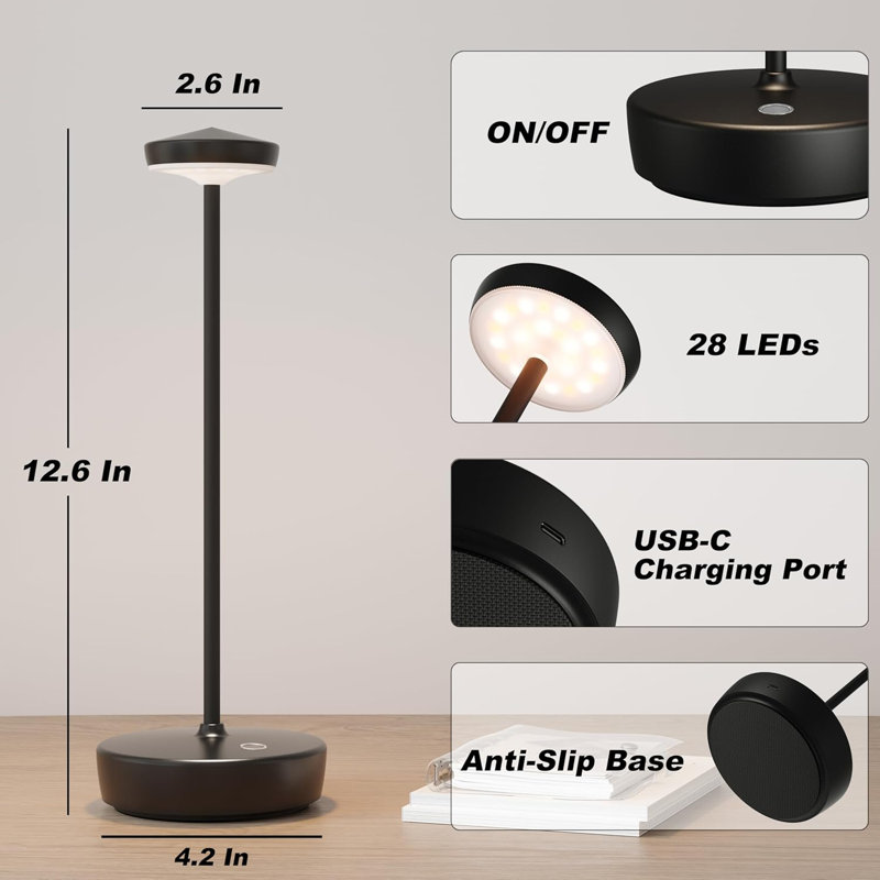 Rechargeable Cordless LED Table Lamp With 3 Colour Temperatures, Stepless Dimming, Waterproof Design For Indoor Outdoor Use