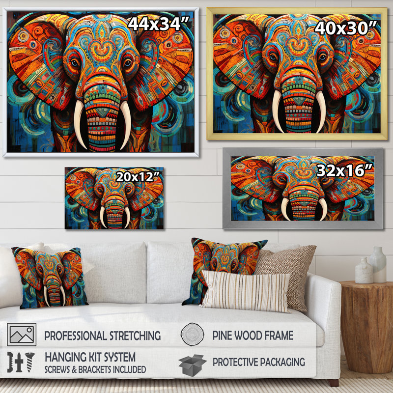 Éléphant Tribal Majesty - Éléphant, art mural, H 12 po x l 20 po x P 1 po, Cadre flottant noir