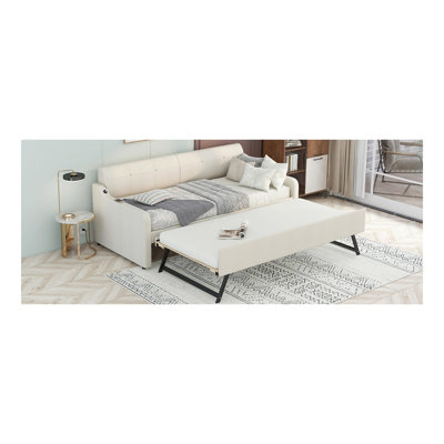 Twin Size Upholstery Daybed With Trundle And USB Charging Design,Trundle Can Be Flat Or Erected,Beige