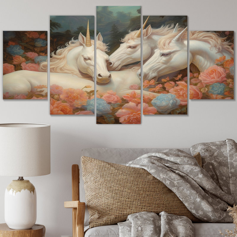 Mignonnes licornes qui dorment ensemble dans un champ de fleurs II - art mural sur toile Licorne fantastique - 5 panneaux