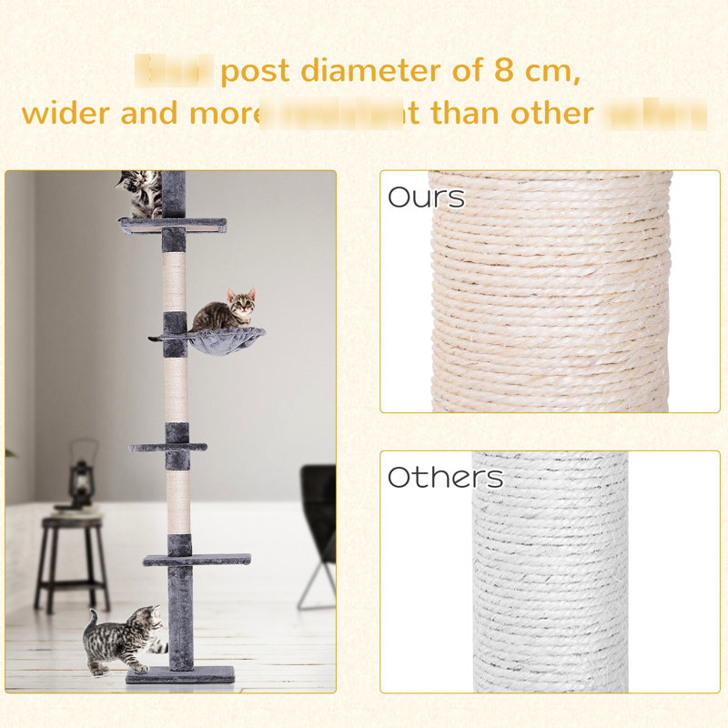 Meuble pour plancher vertical 9 pi - gris / blanc Hauteur réglable de 90,5 po à 100,01 po, 5 plateformes, 3 zones de grattage à la corde, panneau de particules solide, coussin confortable de 220 g / m² pour entretenir le bien de vos meubles