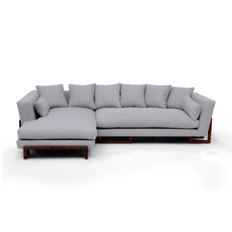 LRG Upholstered L-Shaped Sectional Left Hand Facing, Back Side Tray, Solid Walnut, Dove Gray Velvet