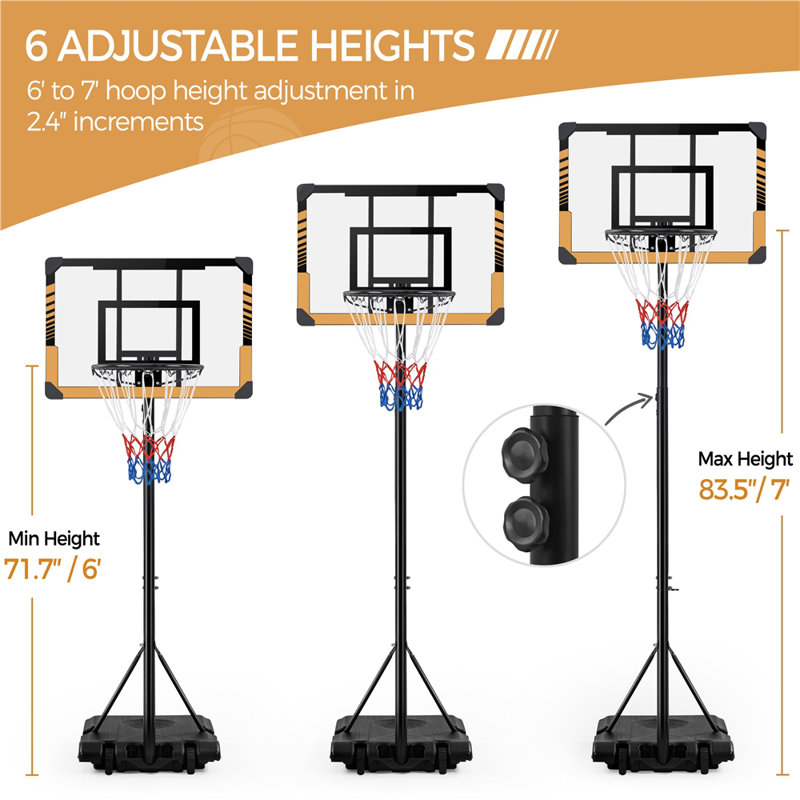 Yaheetech Height Adjustable Portable Metal Full-Size Basketball Hoop, 101" H x 32" W x 30" D