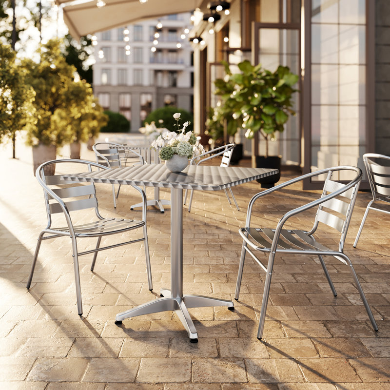 Gearard Square Aluminum Indoor-Outdoor Table Set with 2 Slat Back Chairs, 27.25" H x 31.5" W x 31.5" D, Silver